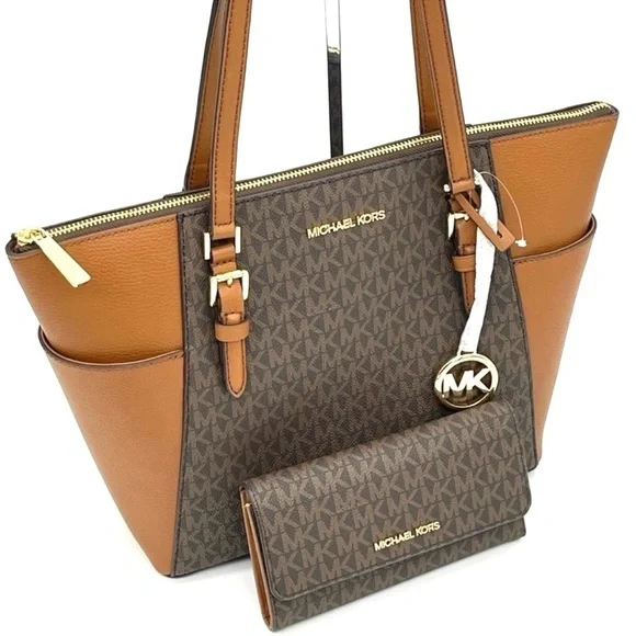 Michael Kors Large Charlotte Tote Bag & Large Trifold Wallet Brown (NWT)